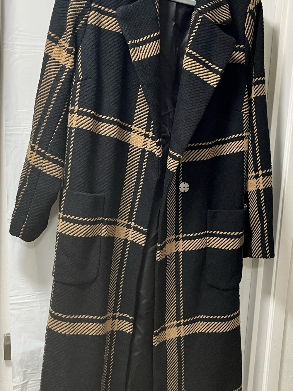 City Chic Black Plaid Belted Longline Trench with Tan Checks